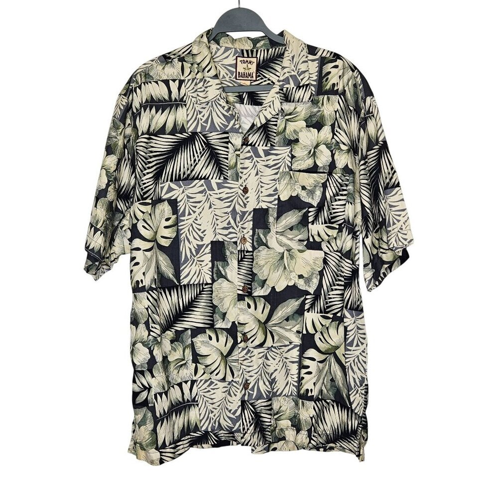 Tommy Bahama Mens Floral Hawaiian Shirt 100% Silk Green Dark Gray White Large